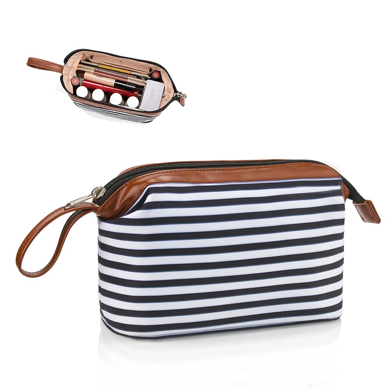 New Fashion Stripe Customizable Personalized Multifunctional Small Portable Women Leather Cosmetic Bag