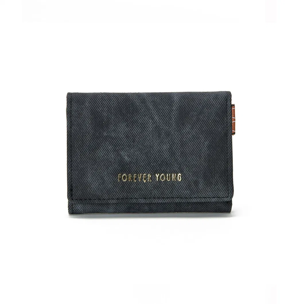 Women&prime;s Short Tri-Fold Senior Sense Denim PU Coin Purse Card Case