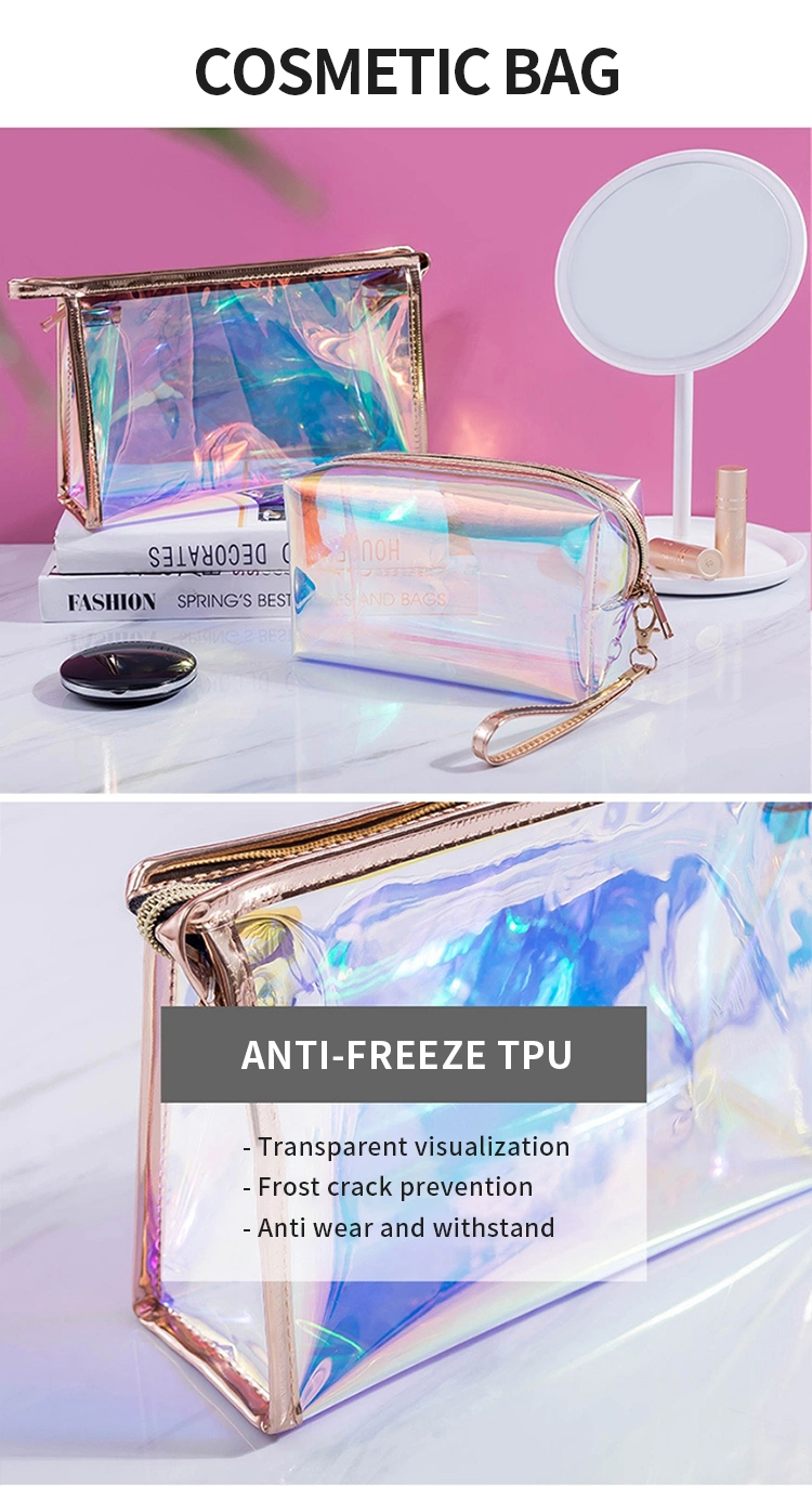 Wholesale Customized Logo Large Portable Holographic Laser Glitter PVC Pink Bulk Cosmetic Makeup Toiletry Bag