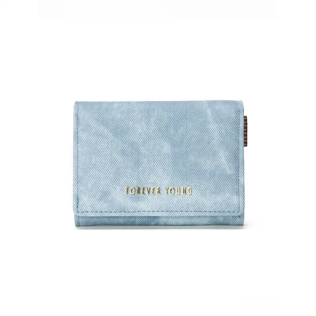 Women&prime;s Short Tri-Fold Senior Sense Denim PU Coin Purse Card Case