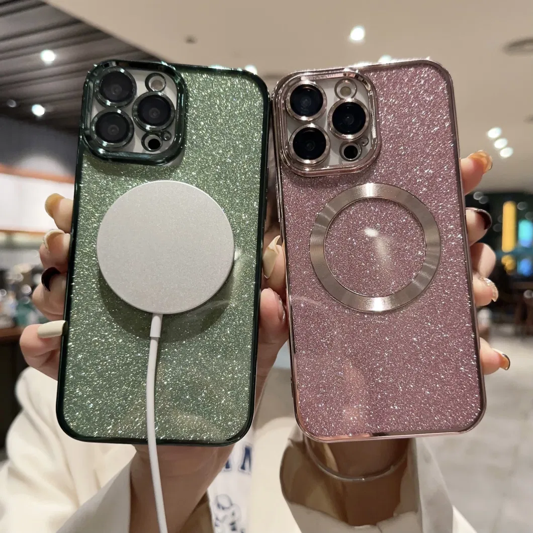 New Luxury Transparent Flash Powder Magnetic Mobile Phone Case Lens Protection for iPhone 11 12 13 14 15 PRO Max with Wireless Charging