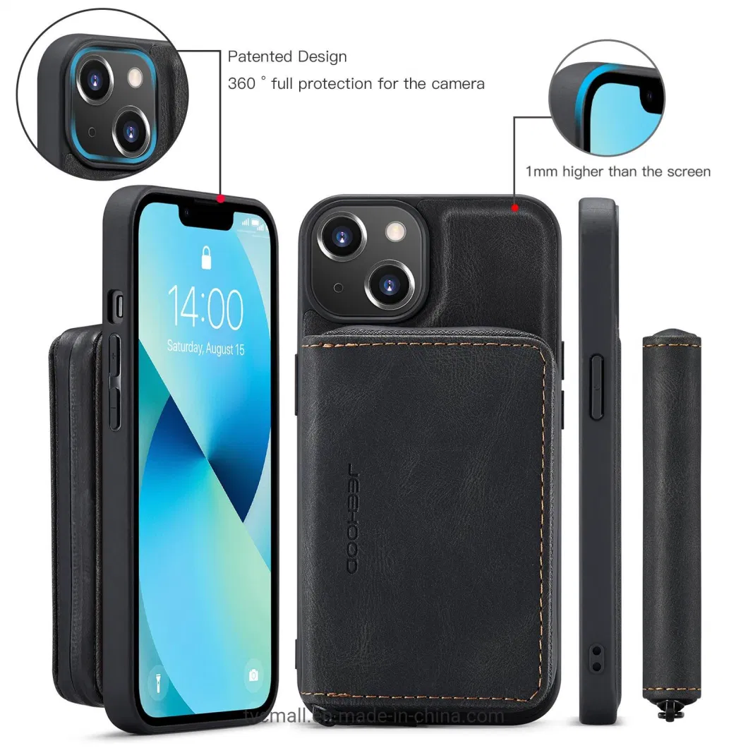 Jeehood Shockproof Case for iPhone 14 Plus PU Leather Coated TPU Cover Kickstand Detachable Phone Case with Zippered Wallet - Black