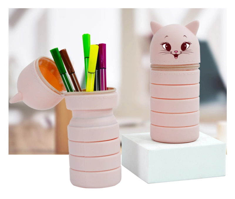 Cute Silicone Telescopic Pencil Case with Zipper Collapsible Pen Case Retractable Stand up Pen Holder