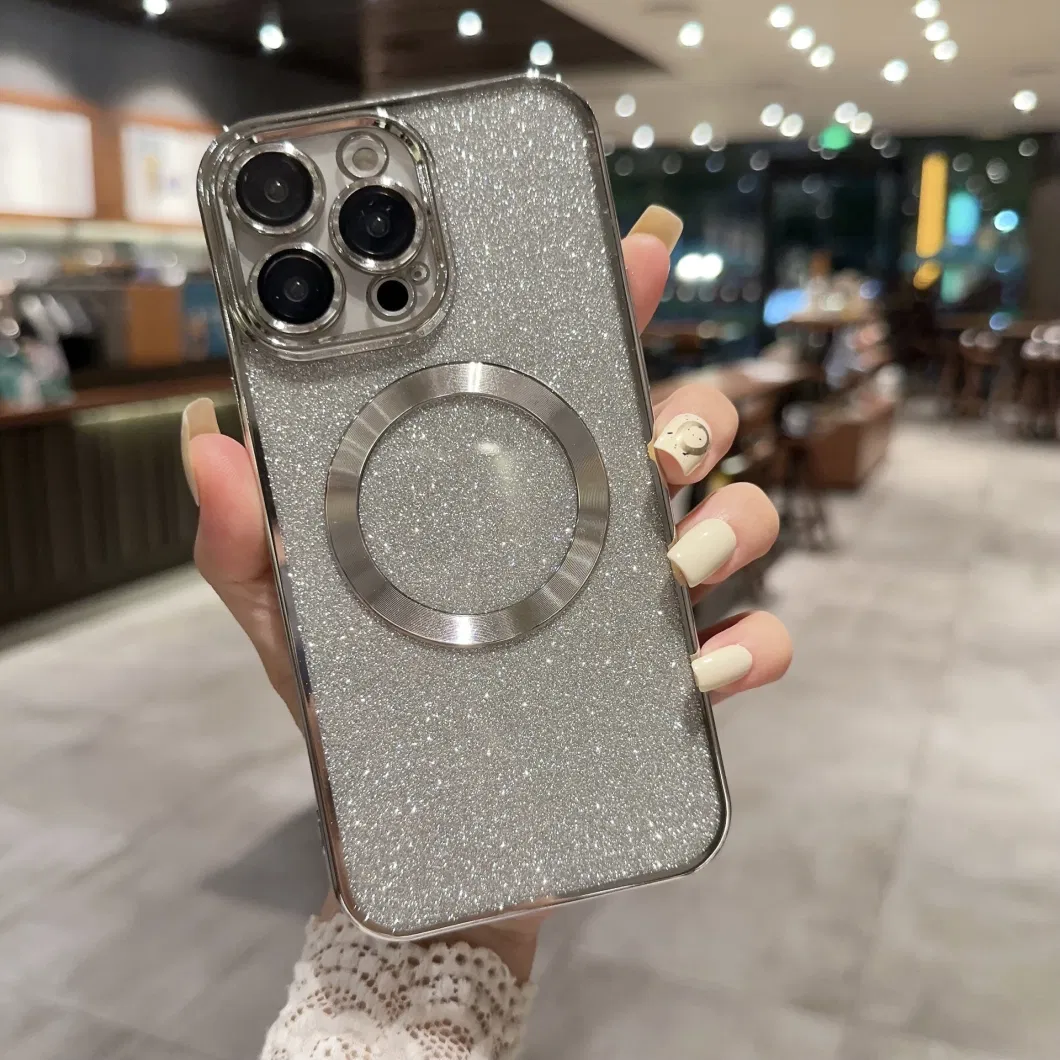 New Luxury Transparent Flash Powder Magnetic Mobile Phone Case Lens Protection for iPhone 11 12 13 14 15 PRO Max with Wireless Charging