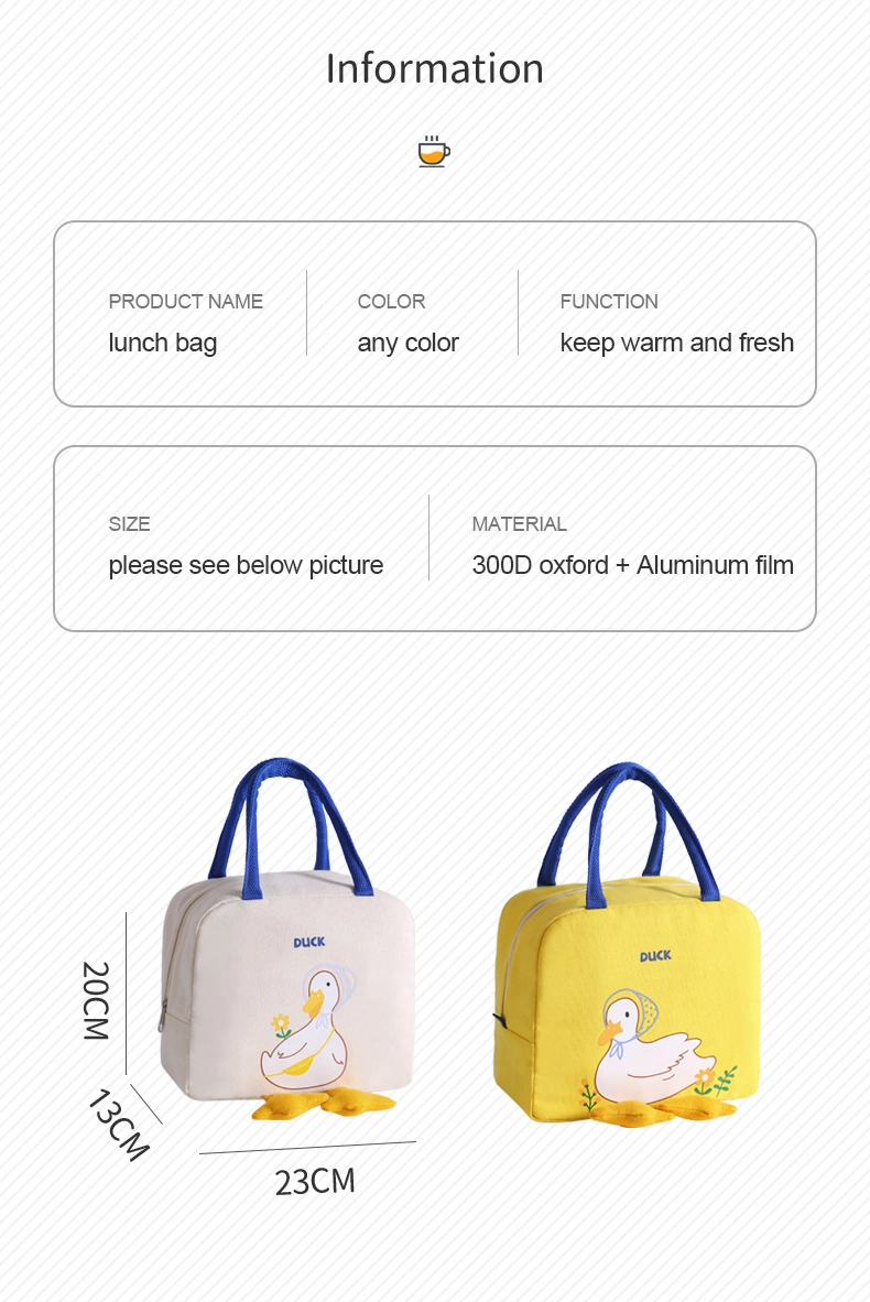 Custom Insulated Cooler Warmer Bag Kids Thermal Cute Duck Printing Tote Bags Children School Picnic Food Lunch Box Bag for Women