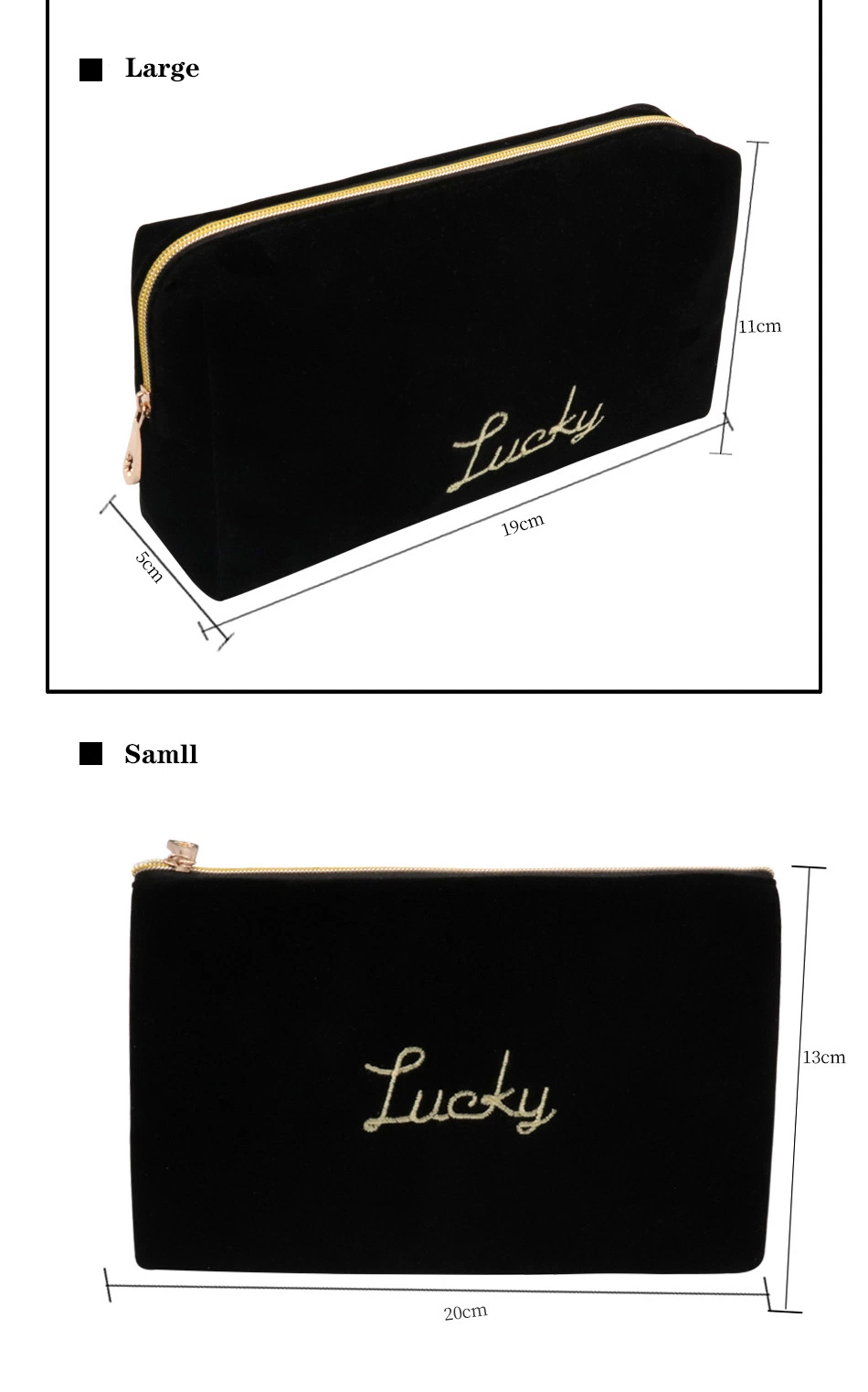 Free Sample Suede Velvet Custom Pouch Luxury Beauty Makeup Bag Zipper Closure Travel Cosmetic Bag Black with Embroidery Logo