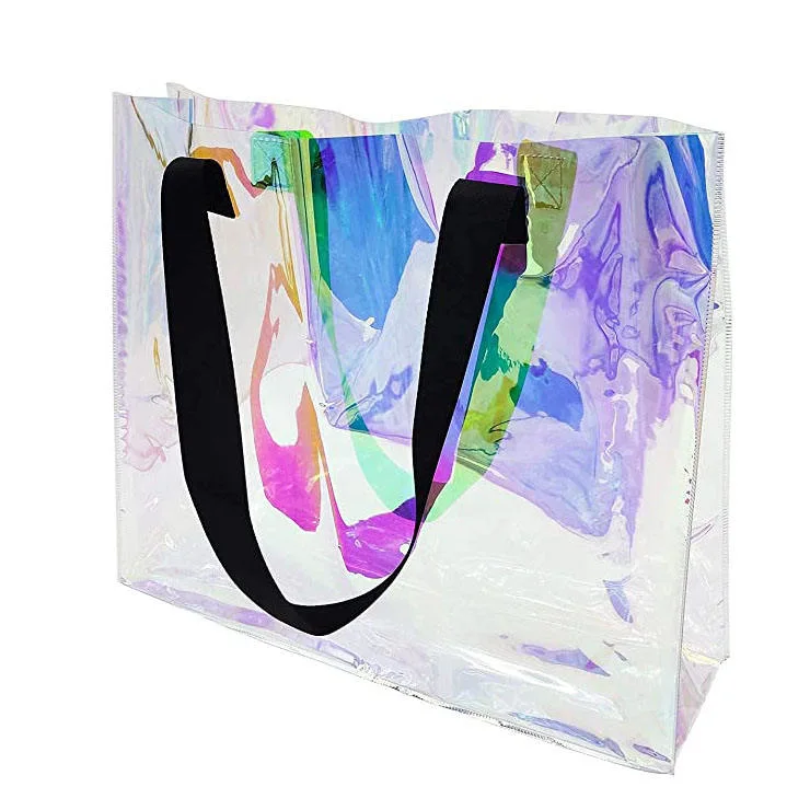 Hot Selling Custom Durable Rainbow Colors Work School Travel Sports Shopping Festival Holographic Clear PVC Tote Bag Large