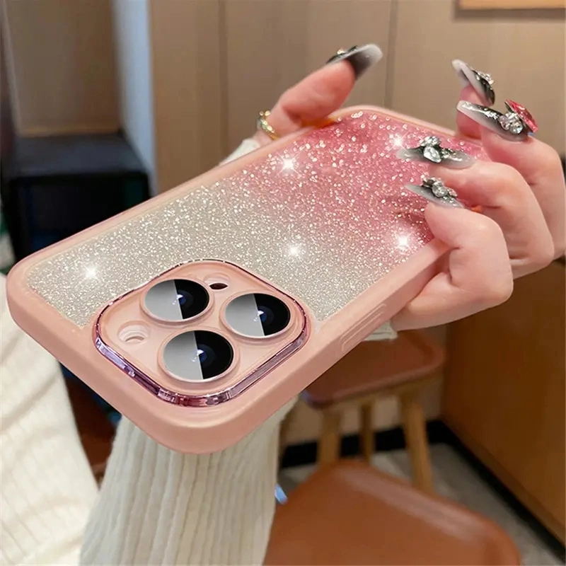 Bling Glitter Gradient Color Phone Case for iPhone 7-14 PRO Max Luxury Lens Candy Color Shockproof Soft TPU Cover