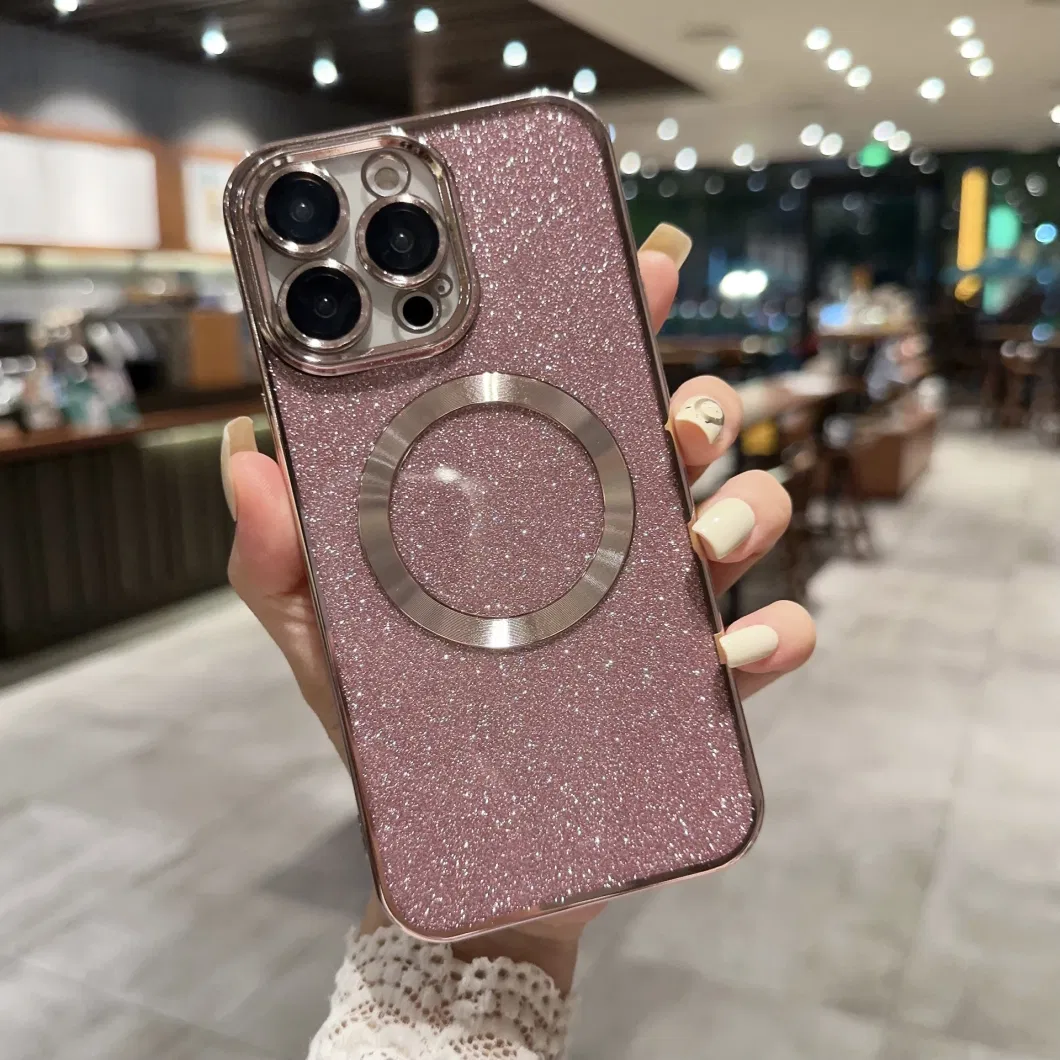 New Luxury Transparent Flash Powder Magnetic Mobile Phone Case Lens Protection for iPhone 11 12 13 14 15 PRO Max with Wireless Charging