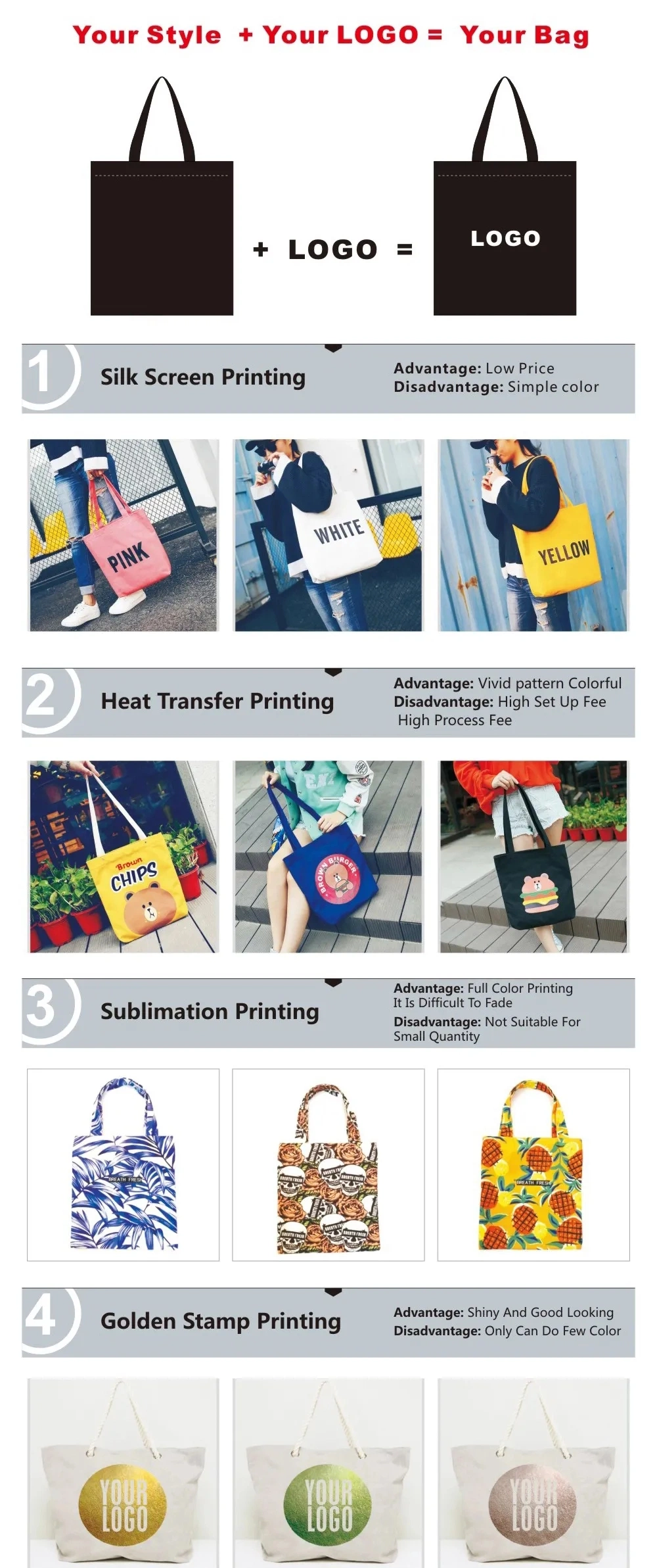 Fashion School Custom Printing Logo Canvas Handbag, Cotton Shoulder Tote Shopping Bag