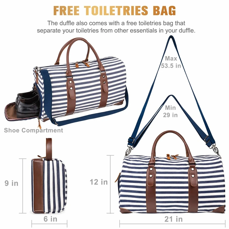 Promotion Blue/White Strip Printed Canvas Women Travel Bags with Cosmetic Bag