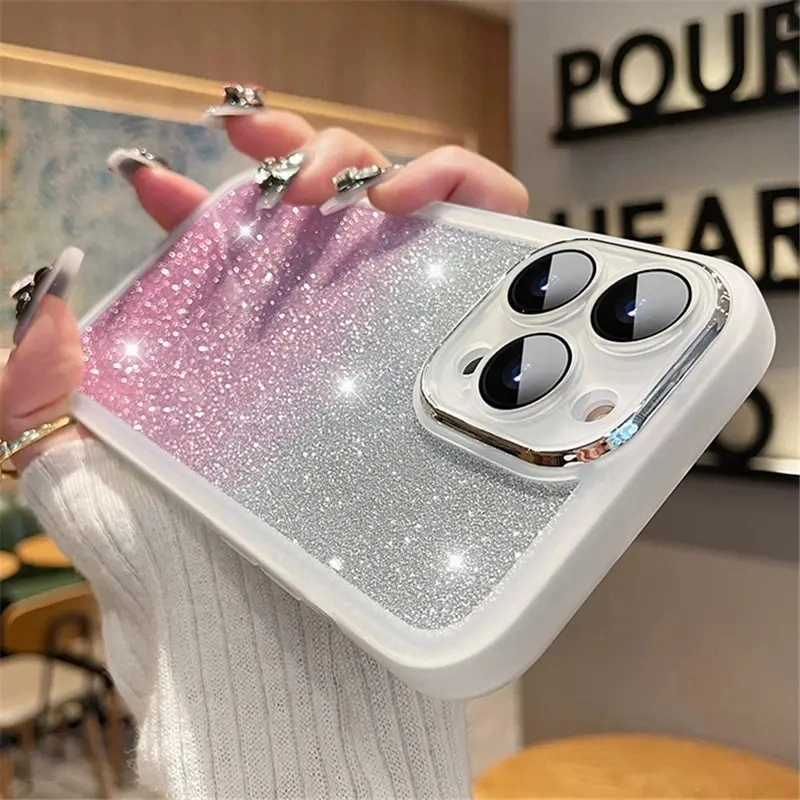 Bling Glitter Gradient Color Phone Case for iPhone 7-14 PRO Max Luxury Lens Candy Color Shockproof Soft TPU Cover