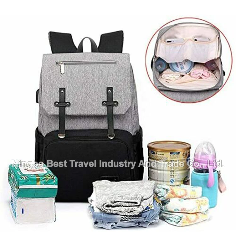 Fashion Mommy Backpack Handbag Waterproof Nappy Bag Hospital Baby Nursing Stroller Diaper Bag with USB Milk Bottle Warmer