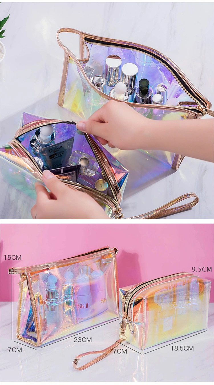 Wholesale Customized Logo Large Portable Holographic Laser Glitter PVC Pink Bulk Cosmetic Makeup Toiletry Bag