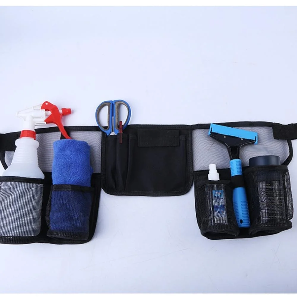 Adjustable Cleaning Tool Belt Pouch with 4 Pockets and 3 Elastic Slots Nylon Mesh Ci20959