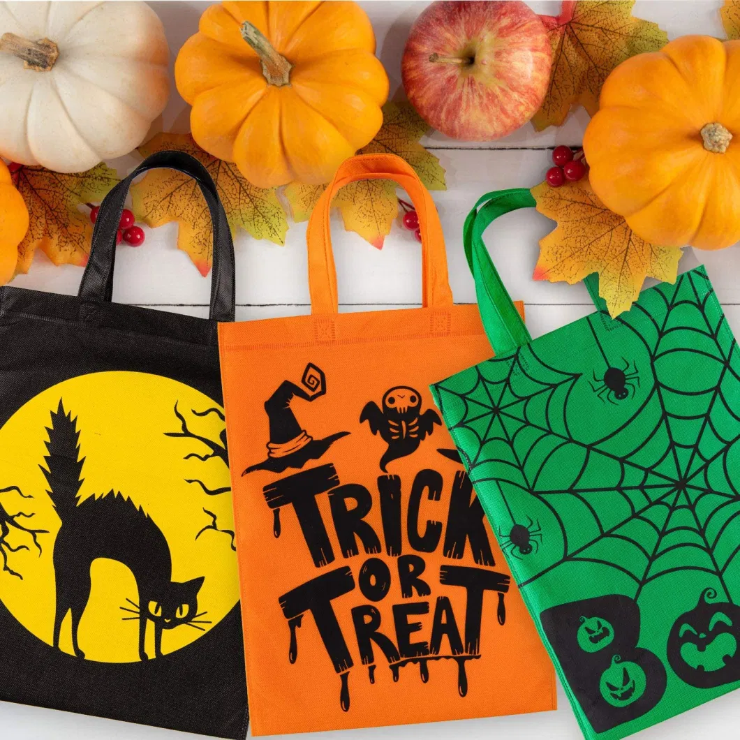 Trick or Treat Non-Woven Tote Gift Bag Skull Pumpkin Web Spider Witch Candy Bags Handle for Halloween Party Favors Reusable Goodie Treat Bag