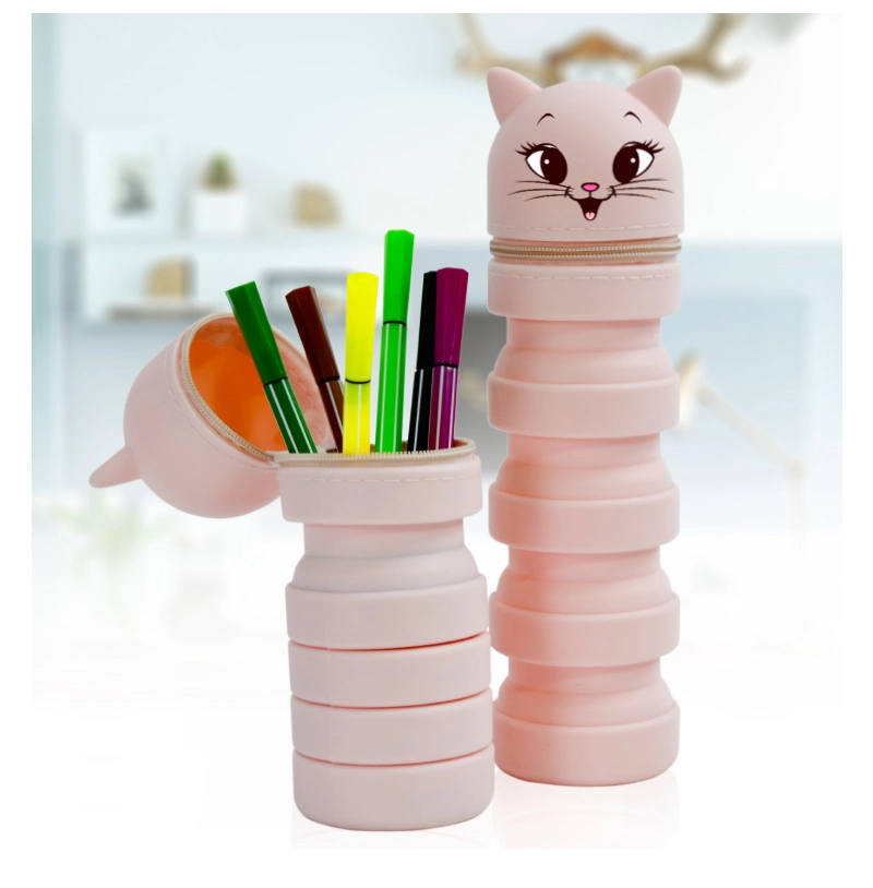 Cute Silicone Telescopic Pencil Case with Zipper Collapsible Pen Case Retractable Stand up Pen Holder