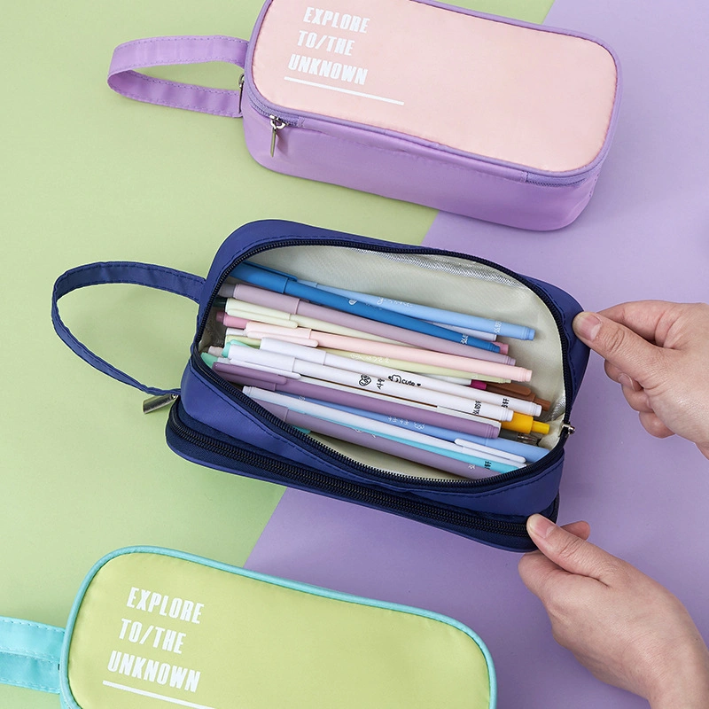 Hand Held Large Capacity Double Layer Zippered Multi-Functional Pencil Case