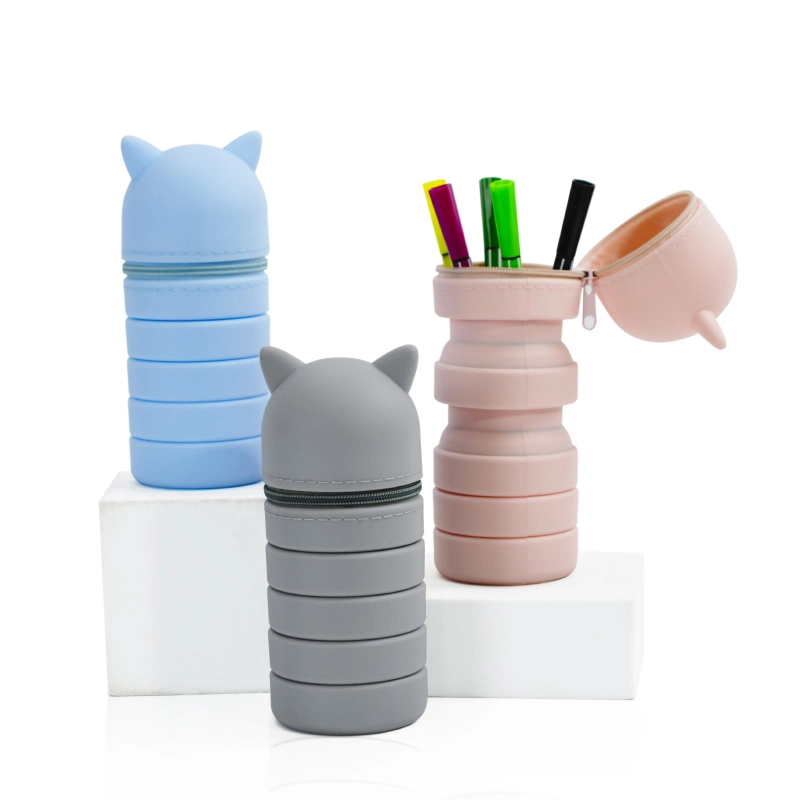 Cute Silicone Telescopic Pencil Case with Zipper Collapsible Pen Case Retractable Stand up Pen Holder