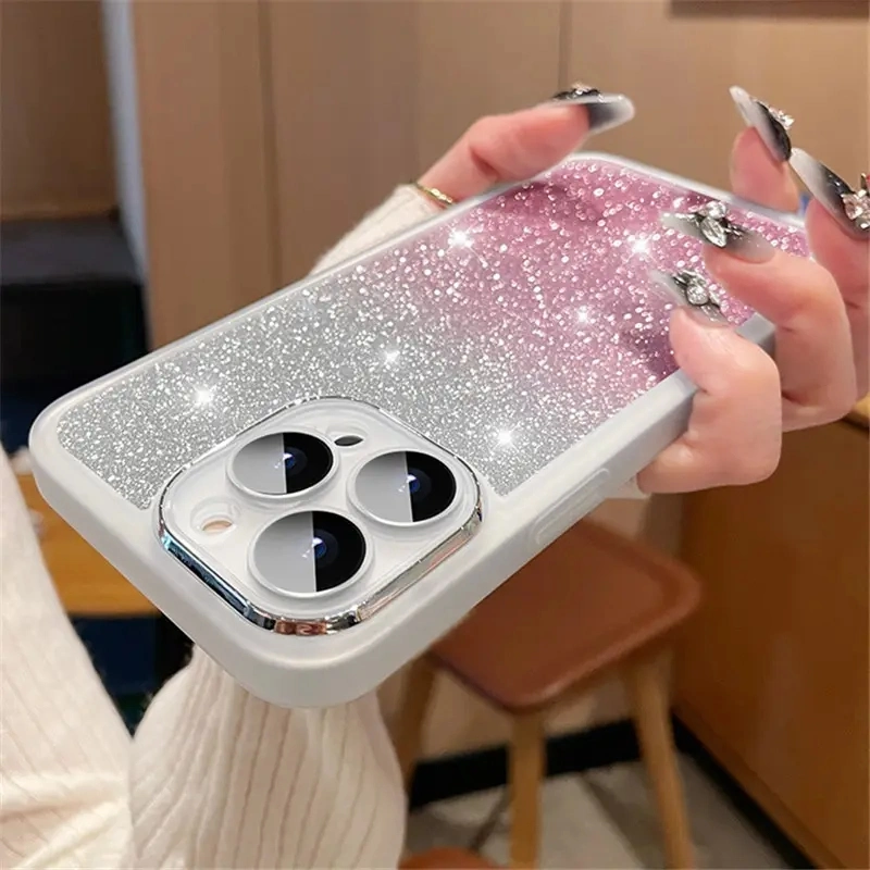 Bling Glitter Gradient Color Phone Case for iPhone 7-14 PRO Max Luxury Lens Candy Color Shockproof Soft TPU Cover