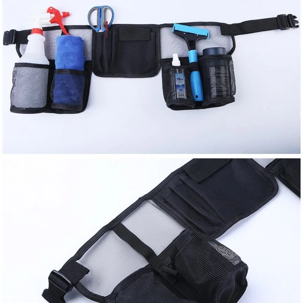 Adjustable Cleaning Tool Belt Pouch with 4 Pockets and 3 Elastic Slots Nylon Mesh Ci20959