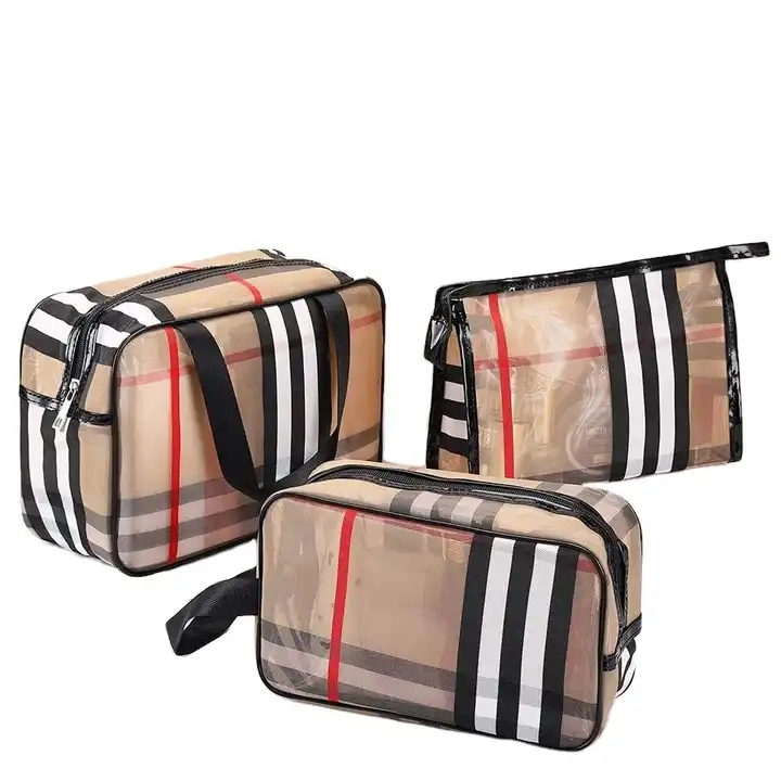 3PCS/Set Luxury Cosmetic Bag Designer PVC Mesh Stripe Waterproof Travel Bags Multifunctional Transparent Makeup Storage Bag