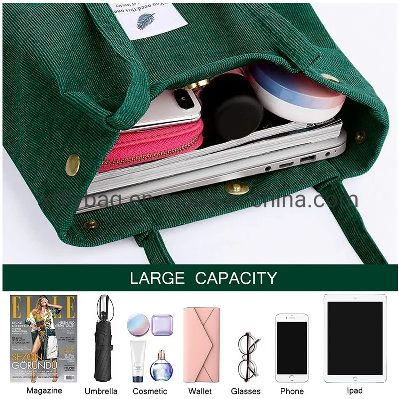 Durable Corduroy Tote Bag for Shopping Travel Canvas Shoulder Bag School Bag Cotton Crossbody Bag for Girl