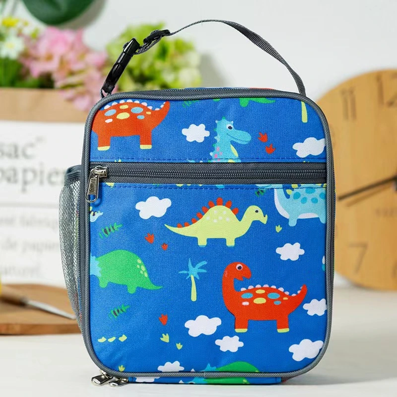 Waterproof Easy to Clean Portable Cartoon Dinosaur Cooler Bag 600d Insulated Lunch Bag for School Kids Outdoor with Side Pocket