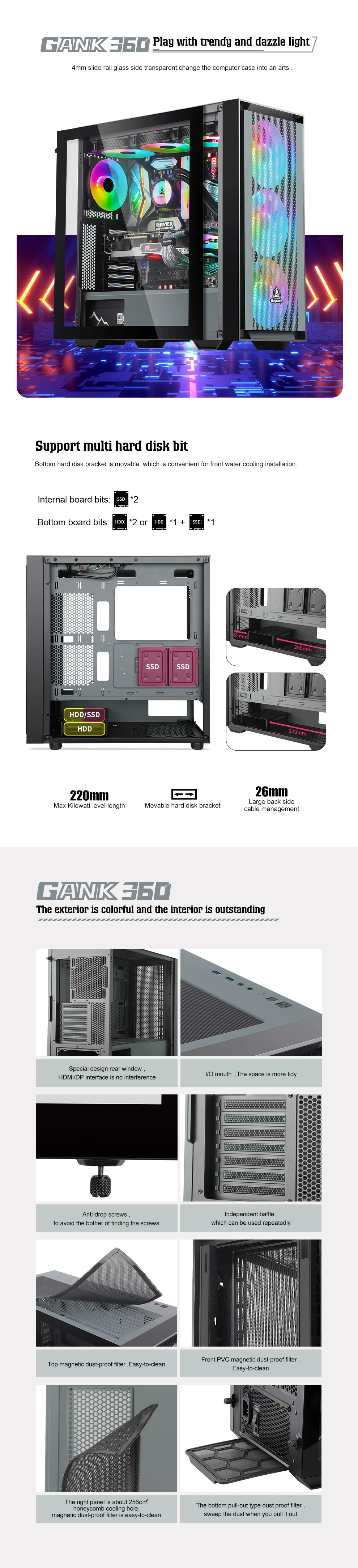 Segotep Gank 360 Magnetic Front Mesh Panel ATX Computer Case with Optimized Airflow Top 360 Water Cooling Glass Side Panel Chassis