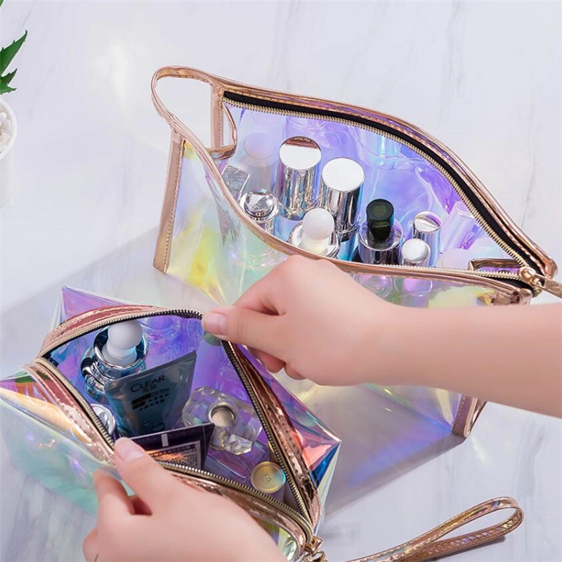 Custom Logo New Fashion Transparent Laser Cosmetic Pouch Luxury Print Clear Holographic Makeup Bag