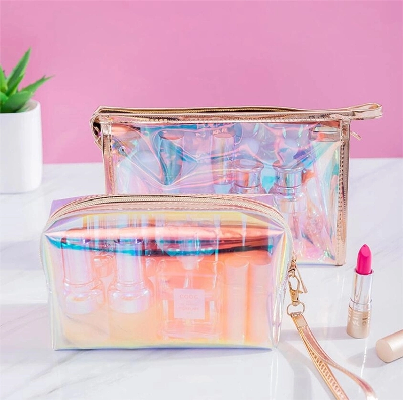 Custom Logo New Fashion Transparent Laser Cosmetic Pouch Luxury Print Clear Holographic Makeup Bag