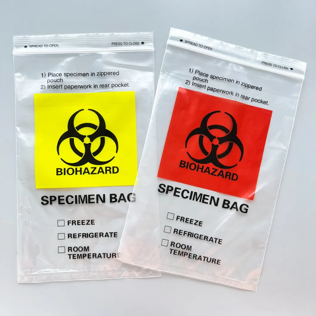 Customized 3 Layers / 4 Layers Laborary Eco-Friendly Biohazard Medical Sample Dental Kangaroo Transport Collection 95kpa Zipper Specimen Bag