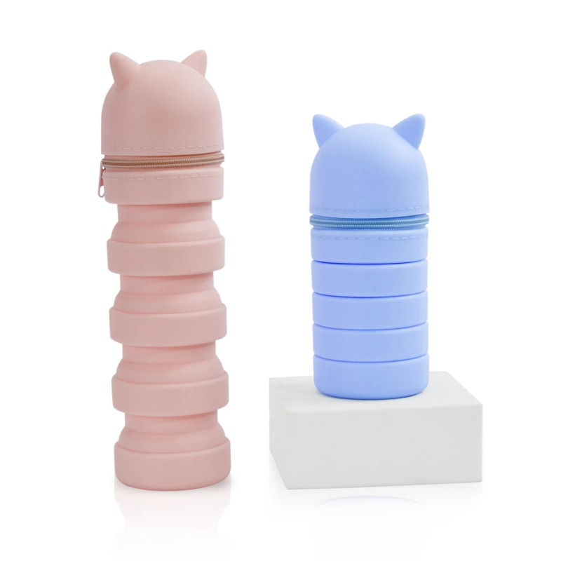 Cute Silicone Telescopic Pencil Case with Zipper Collapsible Pen Case Retractable Stand up Pen Holder