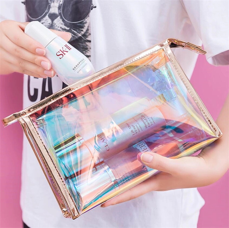 Custom Logo New Fashion Transparent Laser Cosmetic Pouch Luxury Print Clear Holographic Makeup Bag