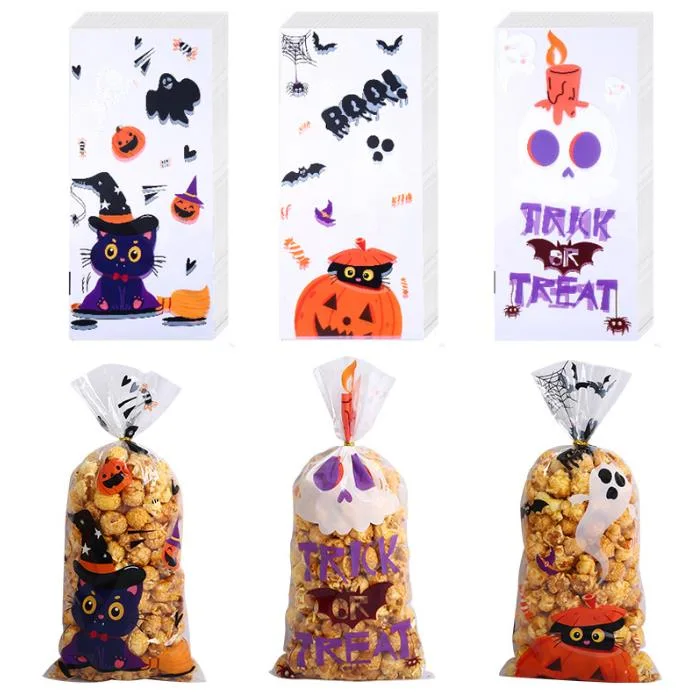 200 PCS Halloween Cellophane Bags, Clear Treat Cookie Candy Bags Trick or Treat Bags with Twist Ties for Halloween Party