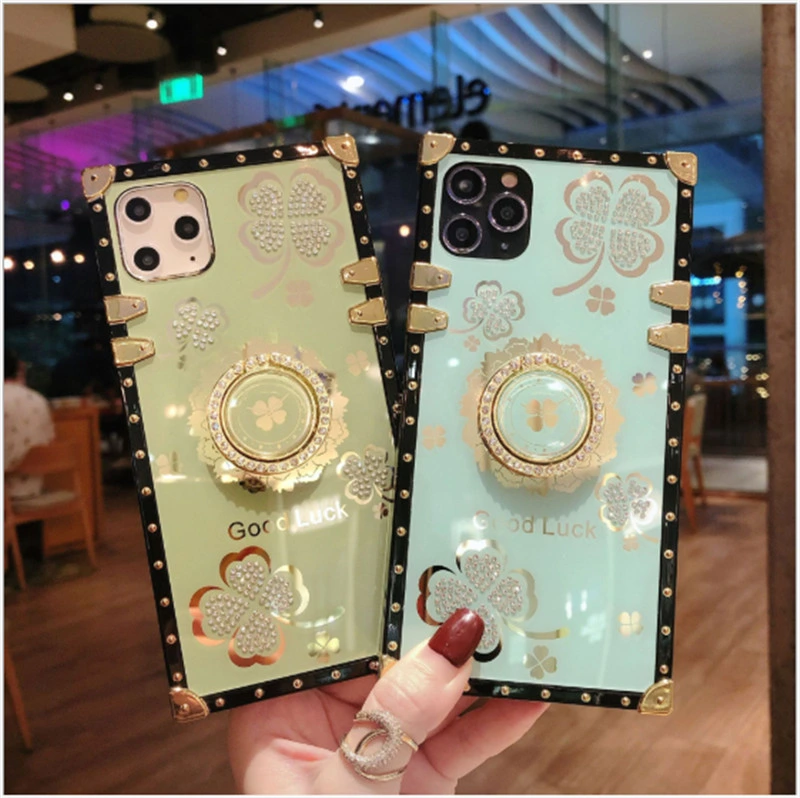 for iPhone 13 Mini PRO Max Bling Case Luxury Square Bling Diamond Glitter Soft Trunk Cover with Finger Ring Grip Kickstand Phone Skin Purple Case Holder