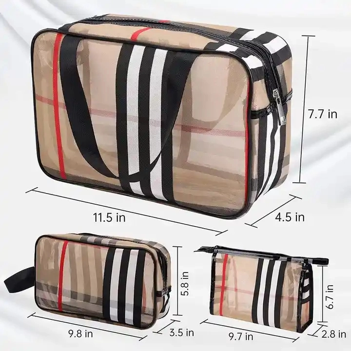 3PCS/Set Luxury Cosmetic Bag Designer PVC Mesh Stripe Waterproof Travel Bags Multifunctional Transparent Makeup Storage Bag