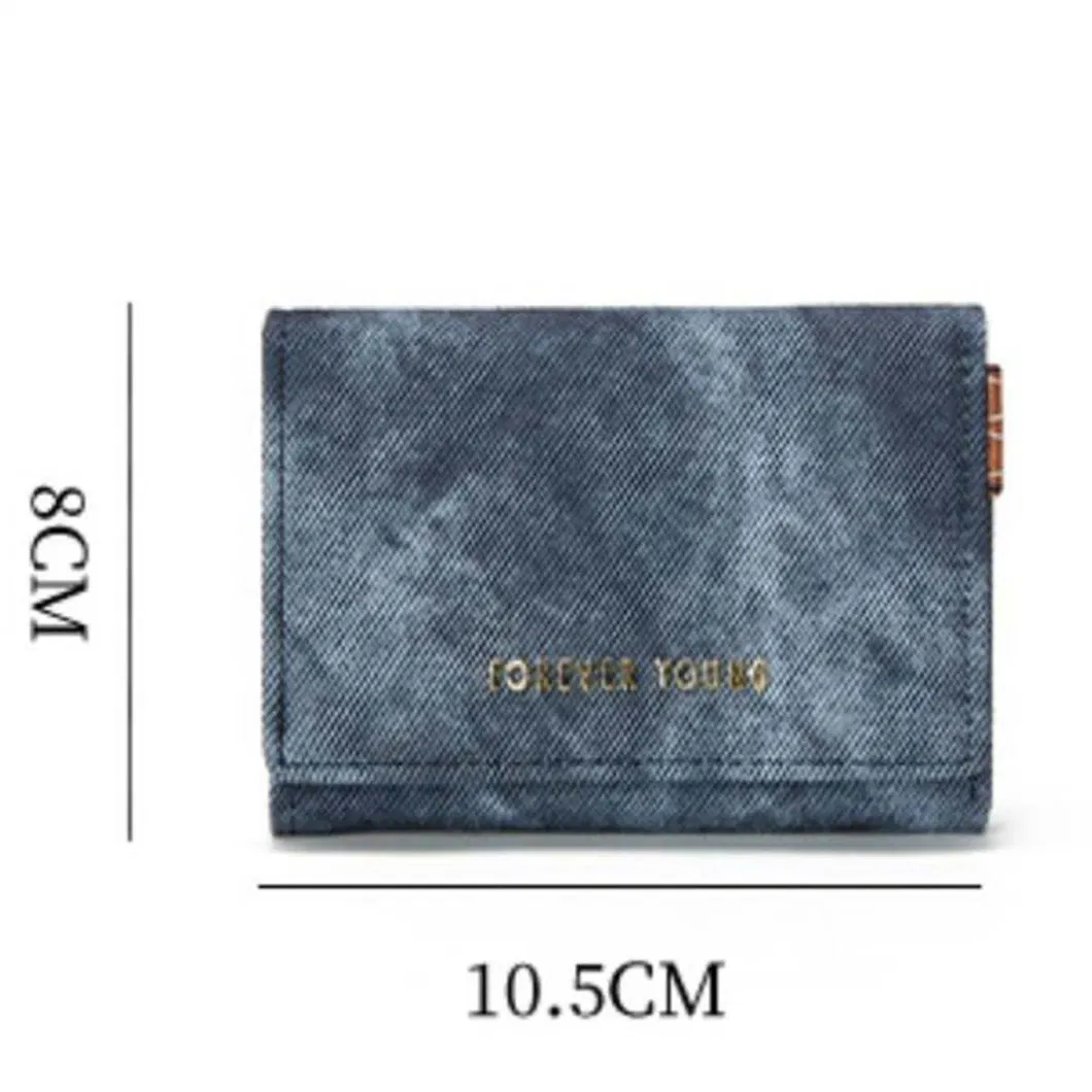 Women&prime;s Short Tri-Fold Senior Sense Denim PU Coin Purse Card Case