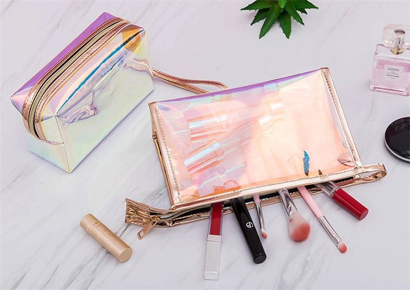 Custom Logo New Fashion Transparent Laser Cosmetic Pouch Luxury Print Clear Holographic Makeup Bag