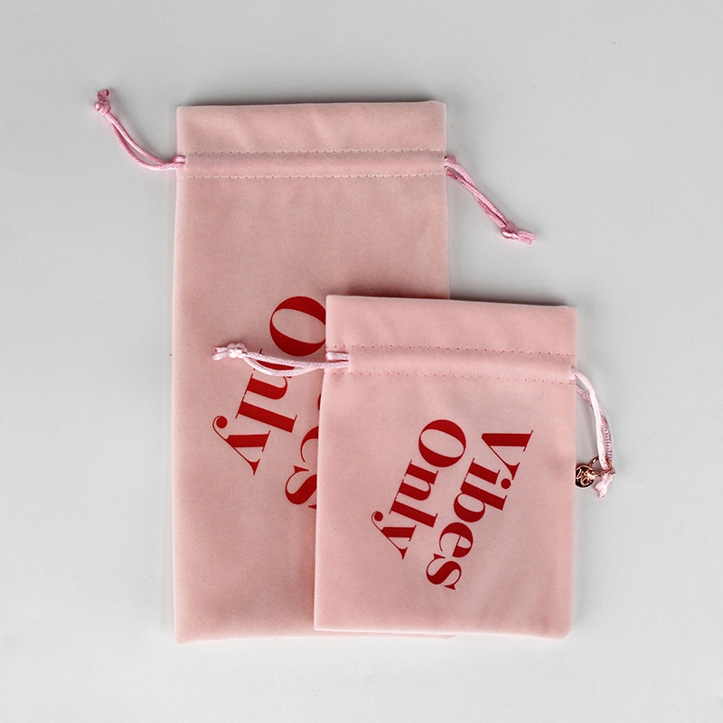 Custom Size Cosmetics Packaging Logo Printed Pink Velvet Fabric Drawstring Bag