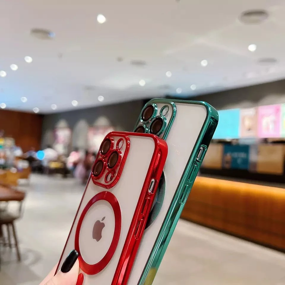 Magnetic Phone Case for iPhone 14/14 Max CD Plating Edge Clear TPU Mobile Phone Cover with Lens Protection