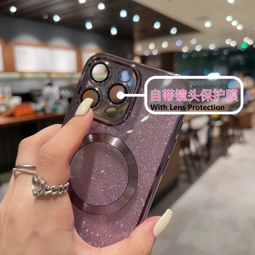 New Luxury Transparent Flash Powder Magnetic Mobile Phone Case Lens Protection for iPhone 11 12 13 14 15 PRO Max with Wireless Charging