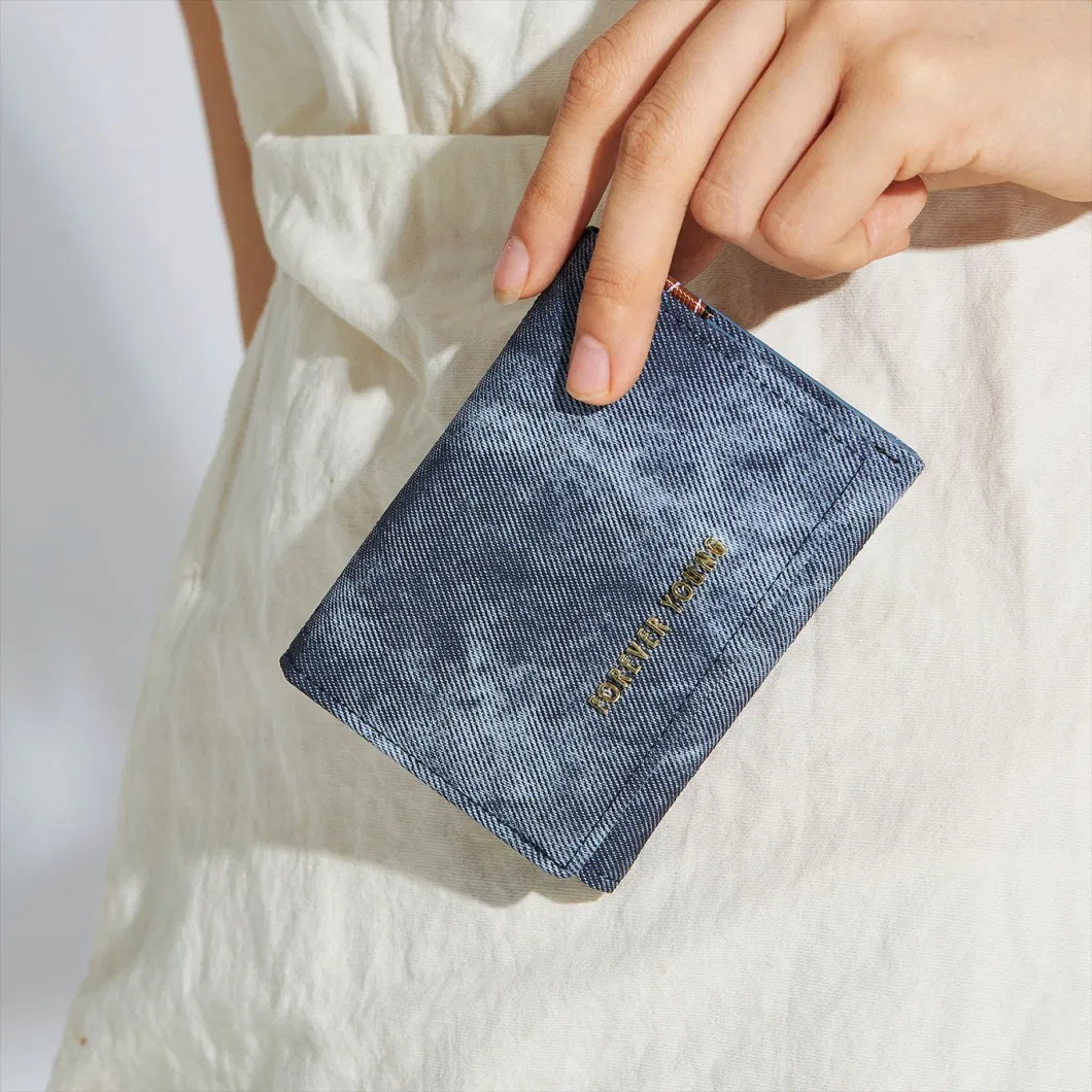 Women&prime;s Short Tri-Fold Senior Sense Denim PU Coin Purse Card Case