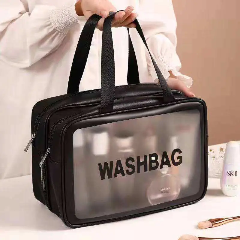 Custom Logo Black Pink Large Transparent High Quality PVC Make up Bag.