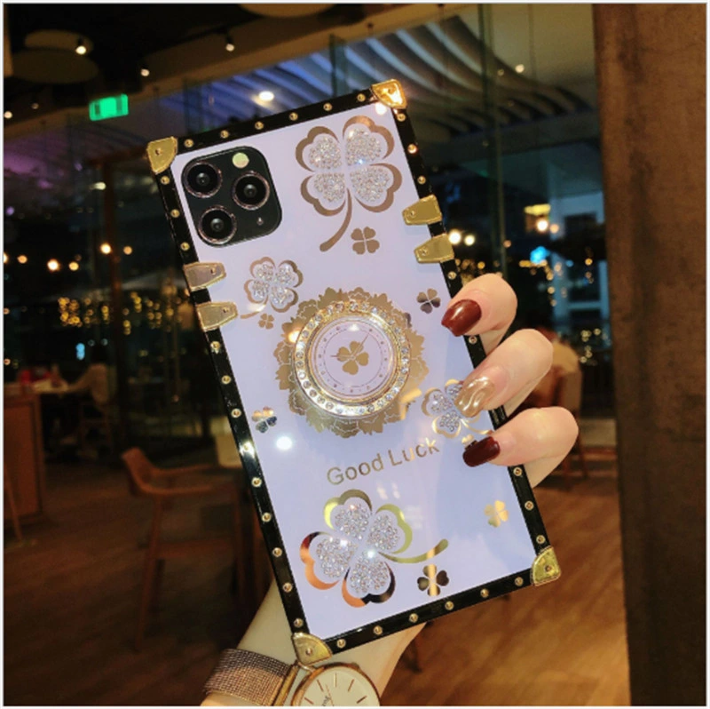 for iPhone 13 Mini PRO Max Bling Case Luxury Square Bling Diamond Glitter Soft Trunk Cover with Finger Ring Grip Kickstand Phone Skin Purple Case Holder