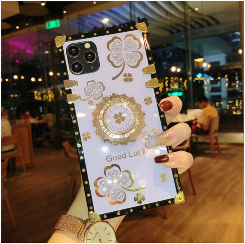 for iPhone 13 Mini PRO Max Bling Case Luxury Square Bling Diamond Glitter Soft Trunk Cover with Finger Ring Grip Kickstand Phone Skin Purple Case Holder