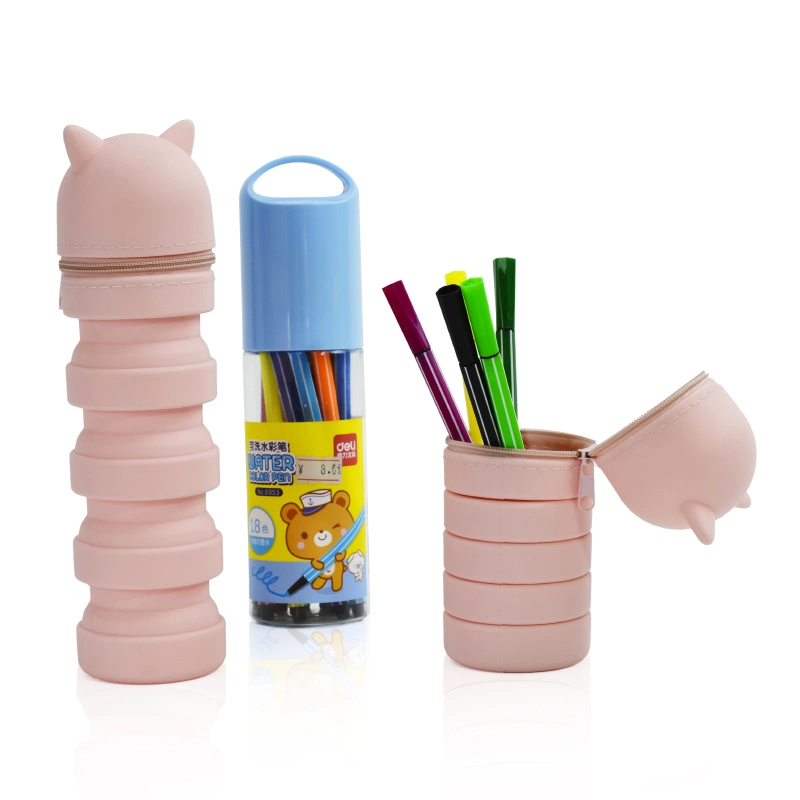 Cute Silicone Telescopic Pencil Case with Zipper Collapsible Pen Case Retractable Stand up Pen Holder