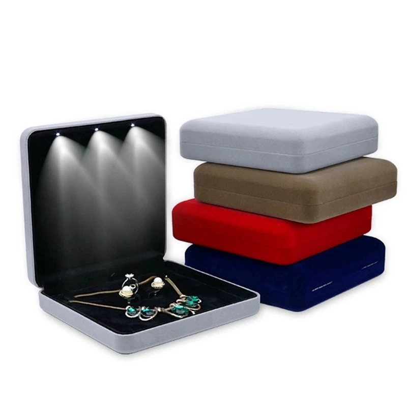 18X18X4.4cm Velvet LED Jewelry Box Necklace Earring Ring Gift Box Jewellery Set Display Storage Case