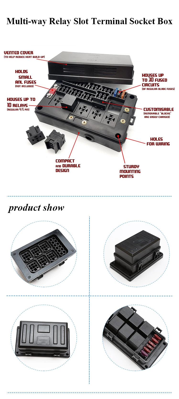 12 Way 12 Slots 6 Way 6 Slot 6 Fuses 20A 25A 30A 6 Relays 80A Relay Box Panel Customisable with Terminal Metallic