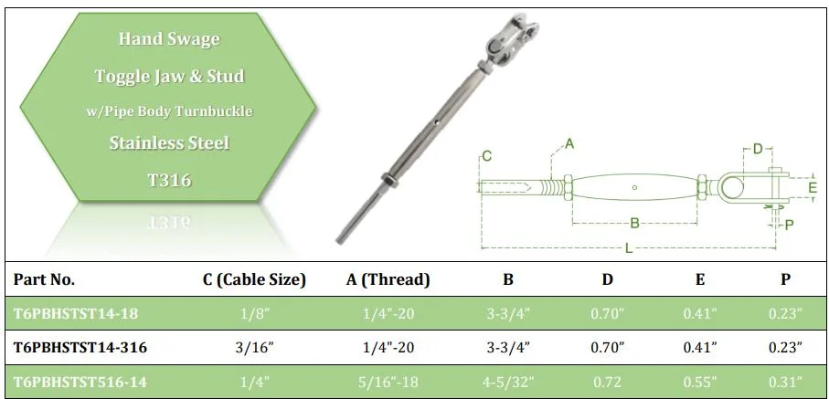 Stainless Steel 316 Turnbuckle with Srud and Toggle for 1/8&quot; or 3/16&quot; Cable